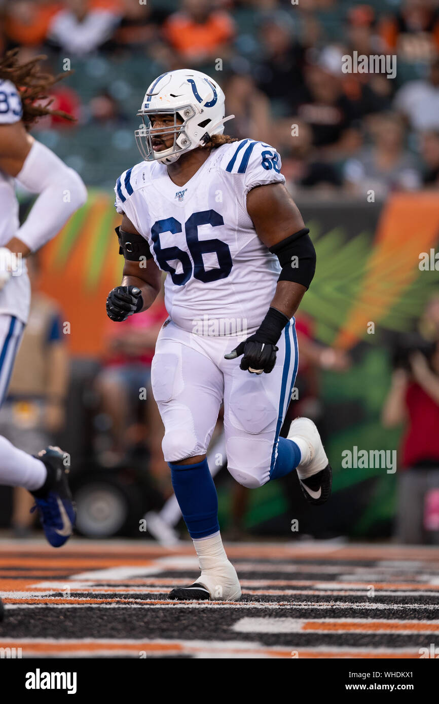 Indianapolis Colts center Daniel Munyer (66) during NFL football preseason  game action between the Indianapolis Colts and the Cincinnati Bengals at  Paul Brown Stadium in Cincinnati, OH. Adam Lacy/CSM Stock Photo 