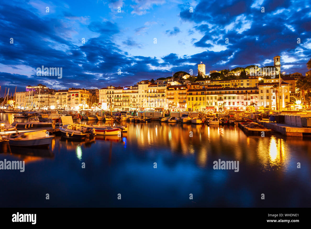 Cannes portl panoramic view at night. Cannes is a city located on the