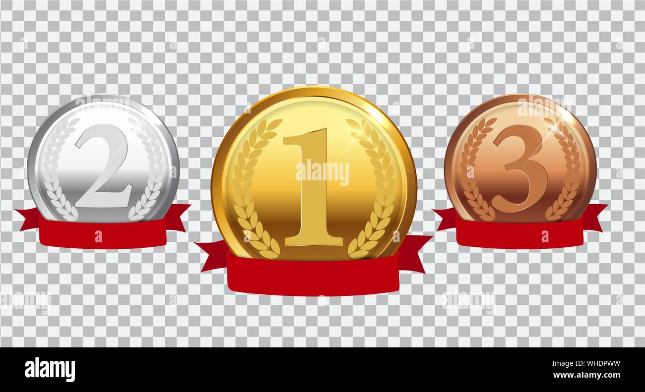 Champion Gold, Silver and Bronze Medal with Red Ribbon. Icon Sign of First,  Second and Third Place Isolated on Transparent Background. Vector Stock  Vector Image & Art - Alamy