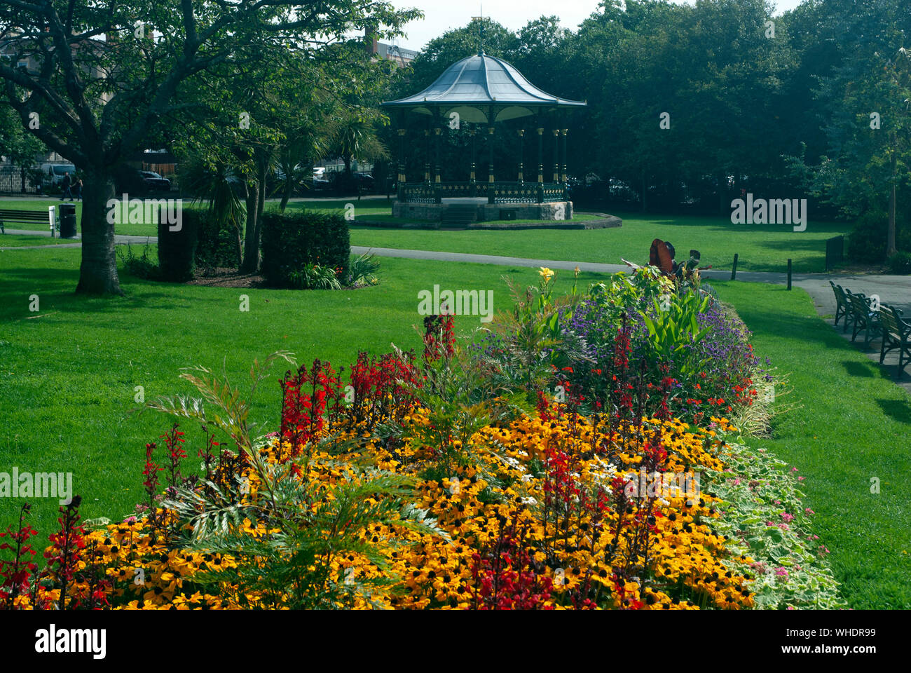 The bandstand and flower beds Grove Park in summer, Weston-Super-Mare, North Somerset, England UK Stock Photo