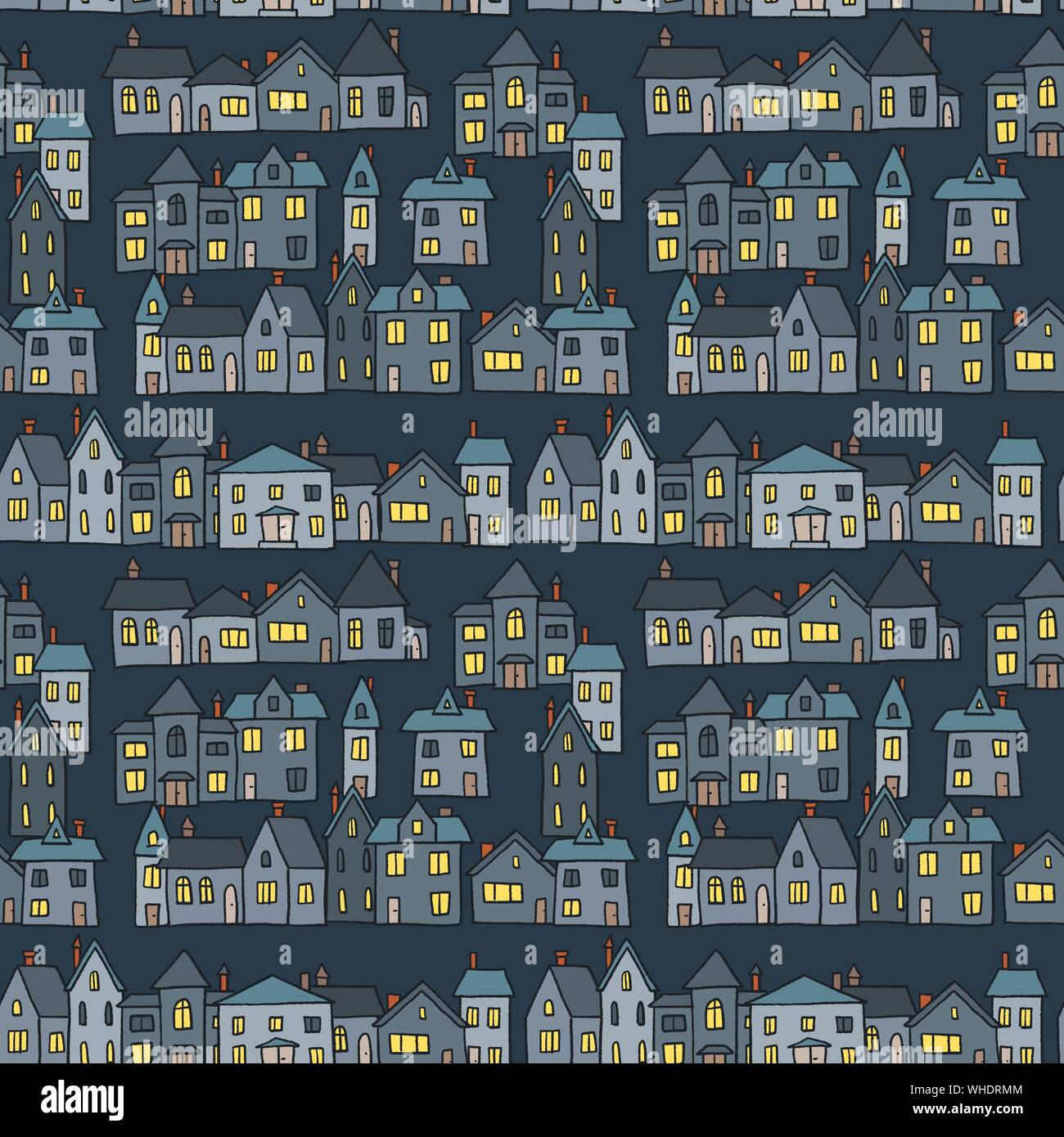 Vector seamless town - night village textile pattern illustration. Stock Vector