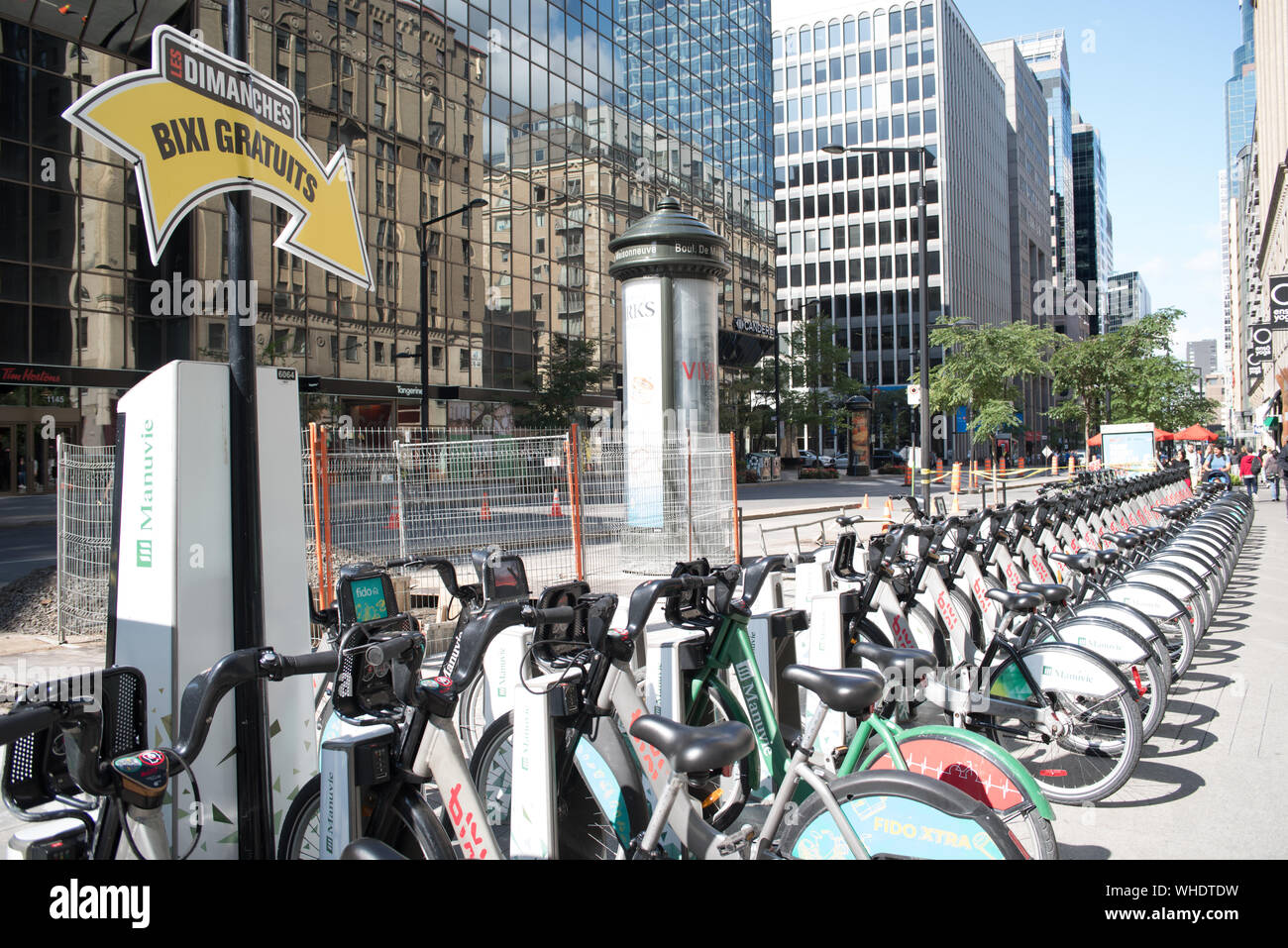 Montreal, Canada August 24, 2019 Bixi bikes stand on de Maisonneuve