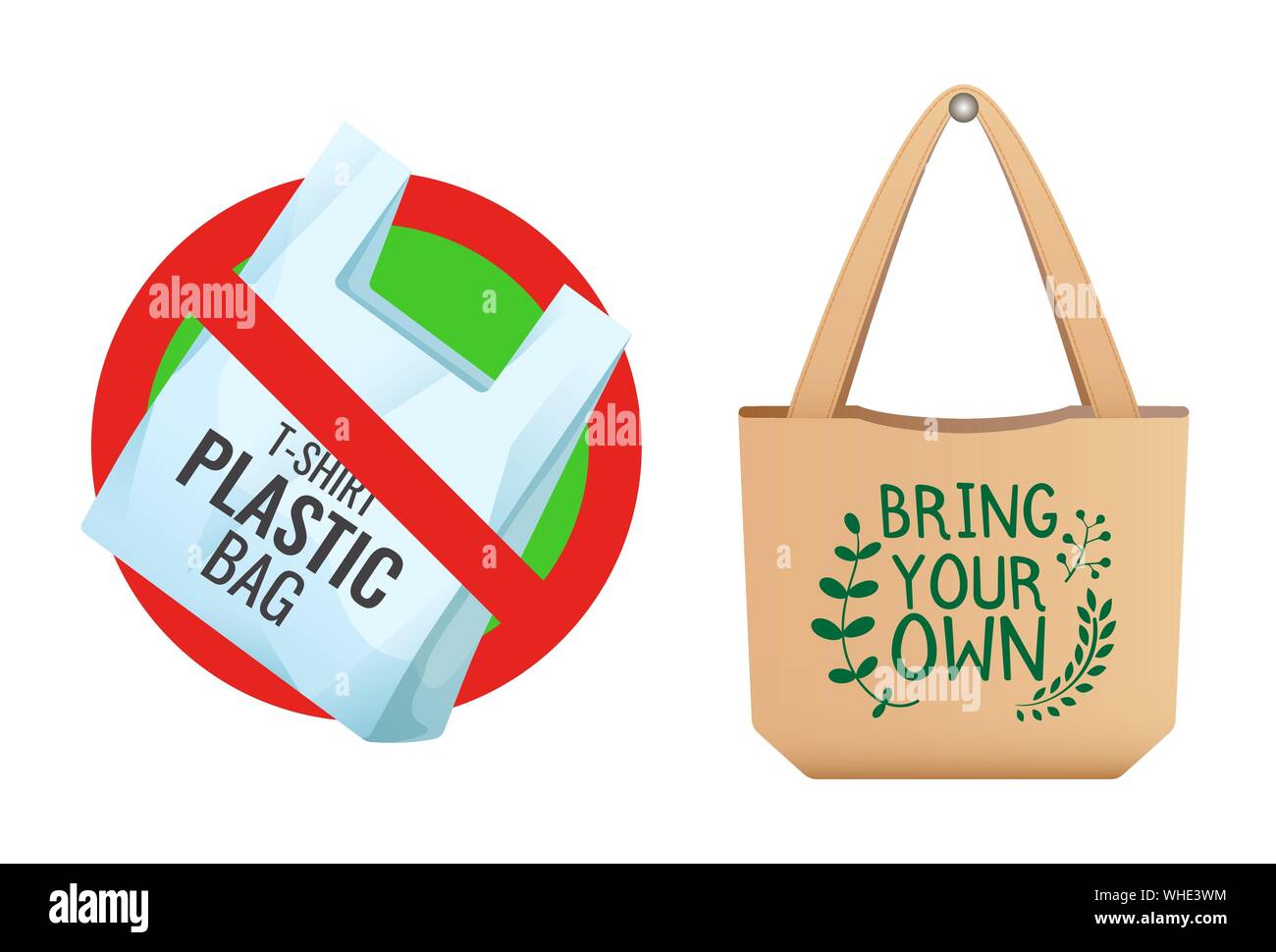 Plastic bag prohibited, crossed out bag icon, no plastic and Brown linen eco bag with sign Bring your own, care about environment vector illustration Stock Vector