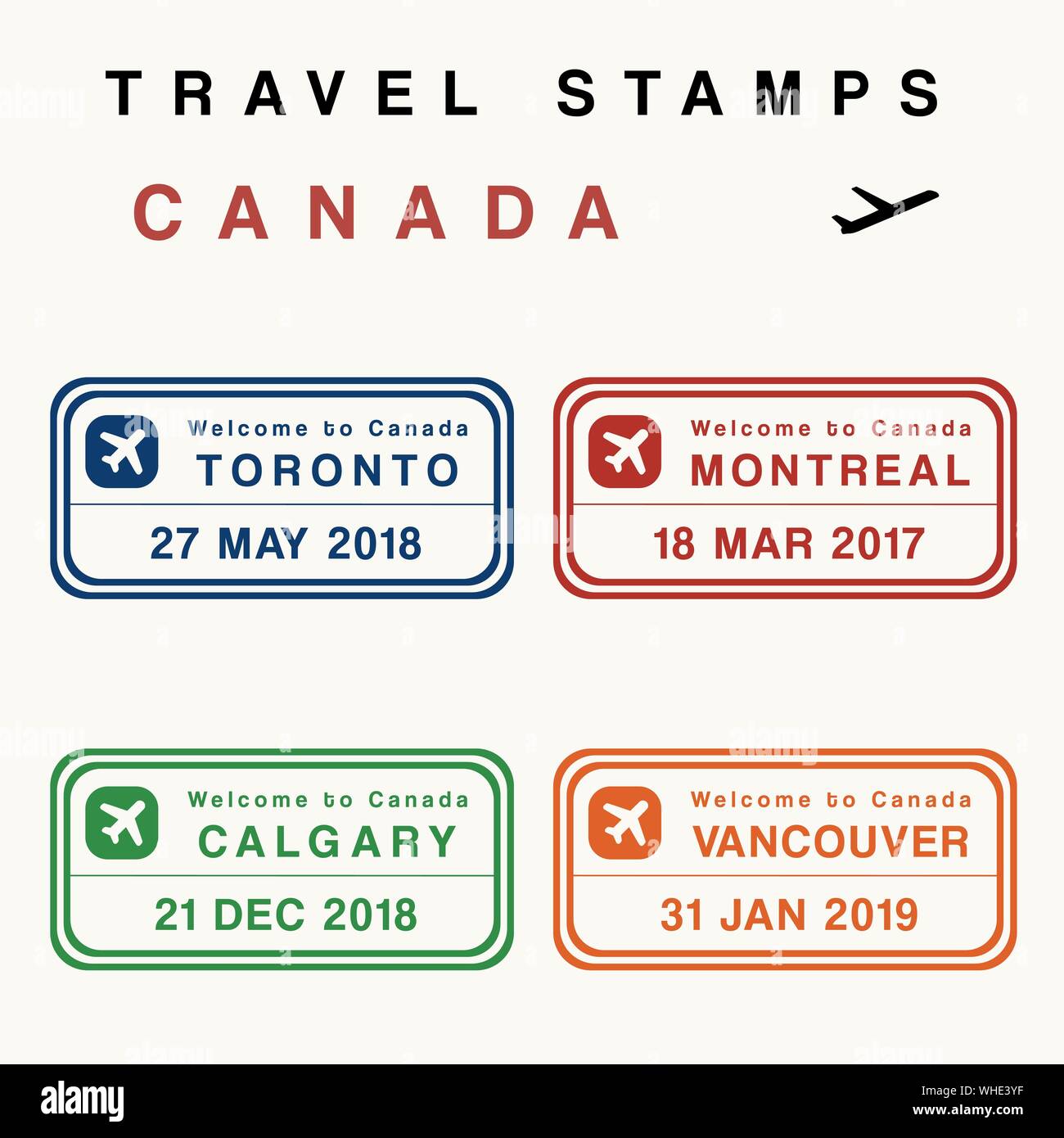 Travel vector - passport stamps set (fictitious stamps). Canada destinations: Toronto, Montreal, Calgary and Vancouver. Stock Vector