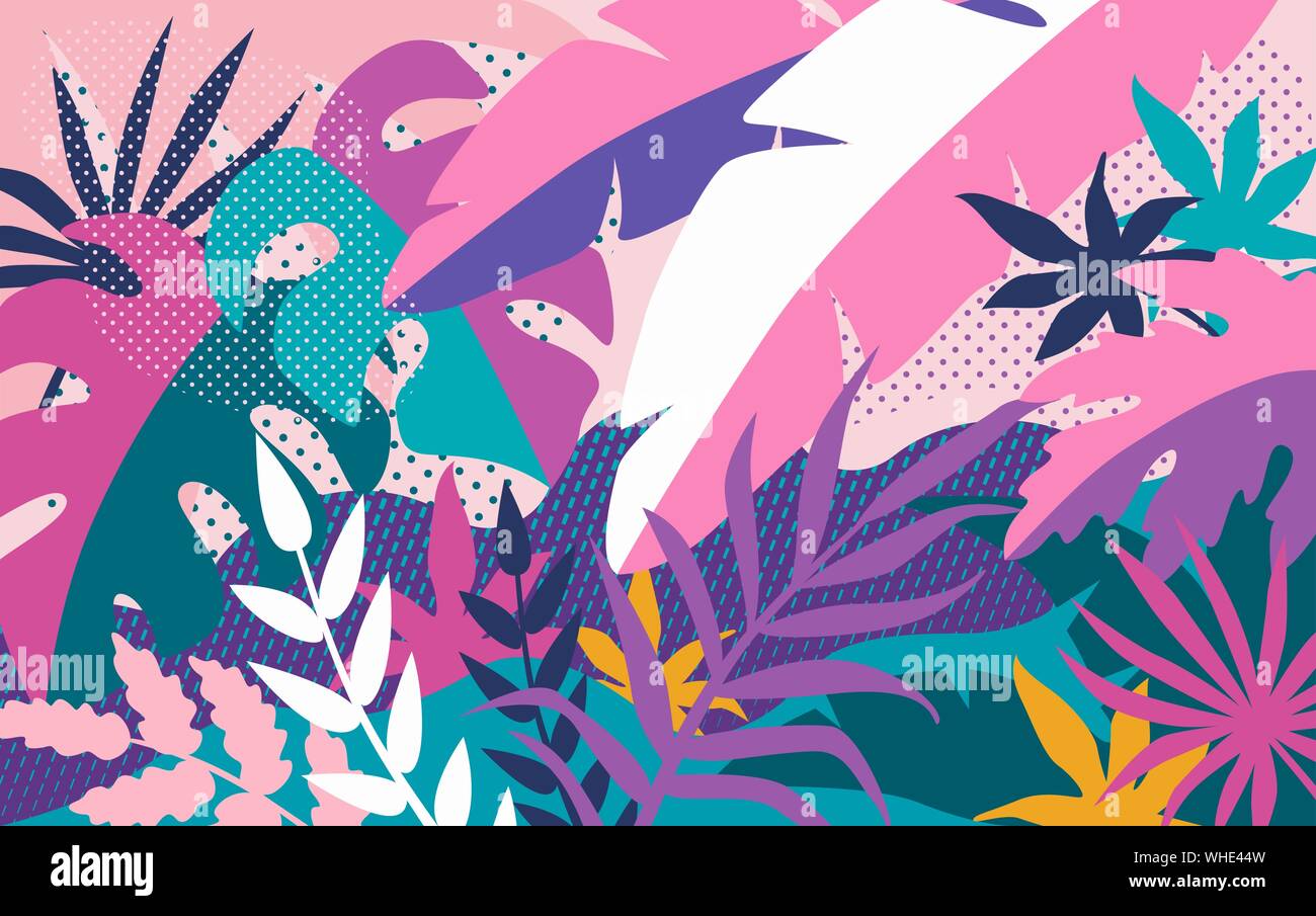 Tropical abstract background, bright colorful leaves and plants Stock Vector