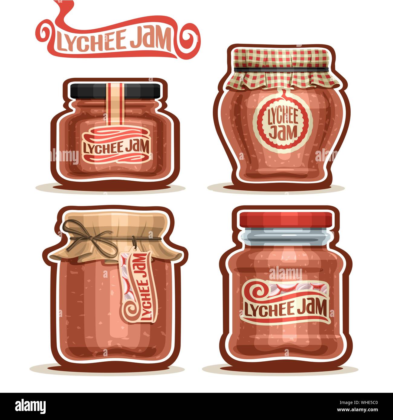 Vector set of Lychee Jam in Jars with paper lid, isolated on white. Stock Vector