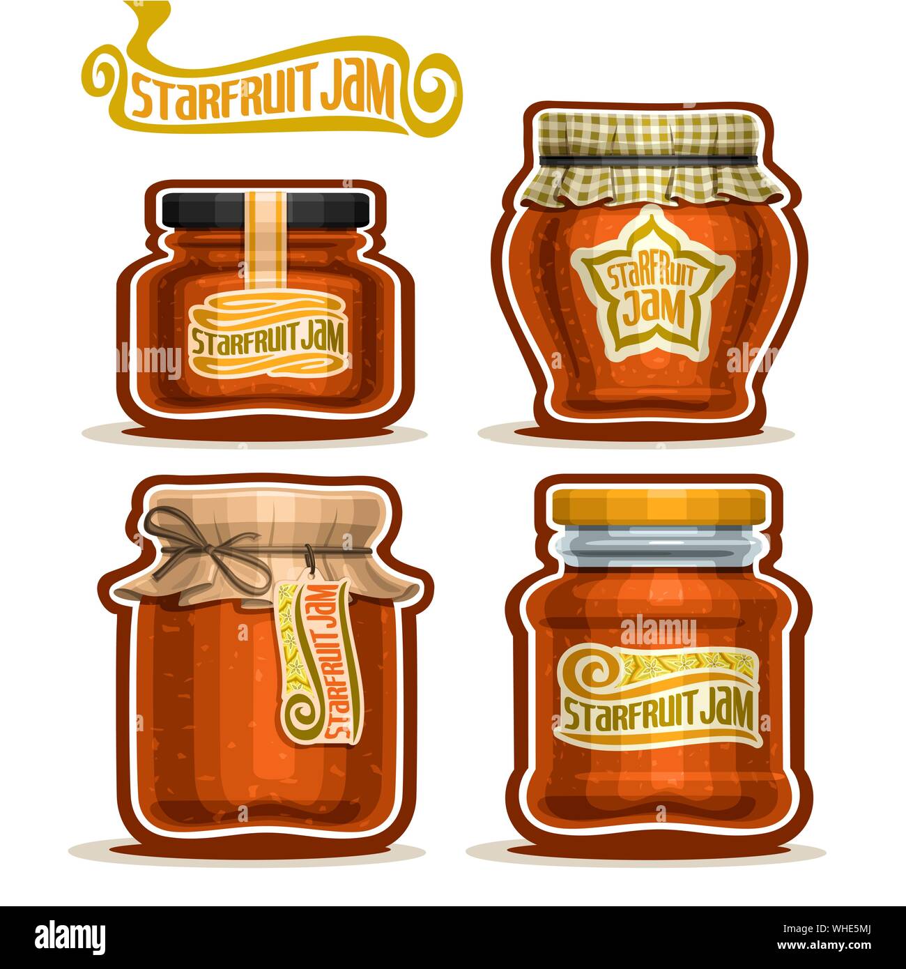 Vector set of Starfruit Jam in Jars with paper lid, isolated on white. Stock Vector