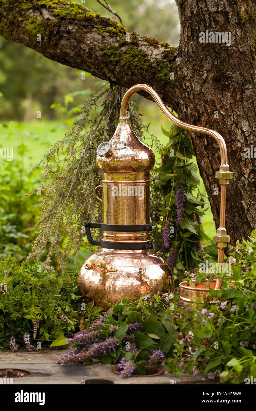 Alembic is a distilling apparatus of Arabic origin which may be used to distill essential oils and a variety of alcoholic beverages. Stock Photo