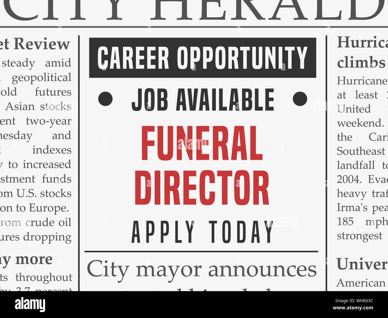 Funeral director career job hiring classified ad vector in fake