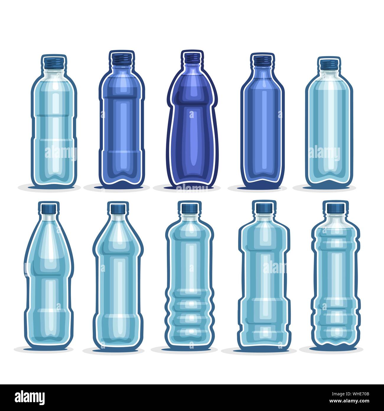 Vector Set of blue Plastic Bottles with cap for mineral Water, collection of 10 full dark-blue liter containers with lid for drinking water or fizzy d Stock Vector