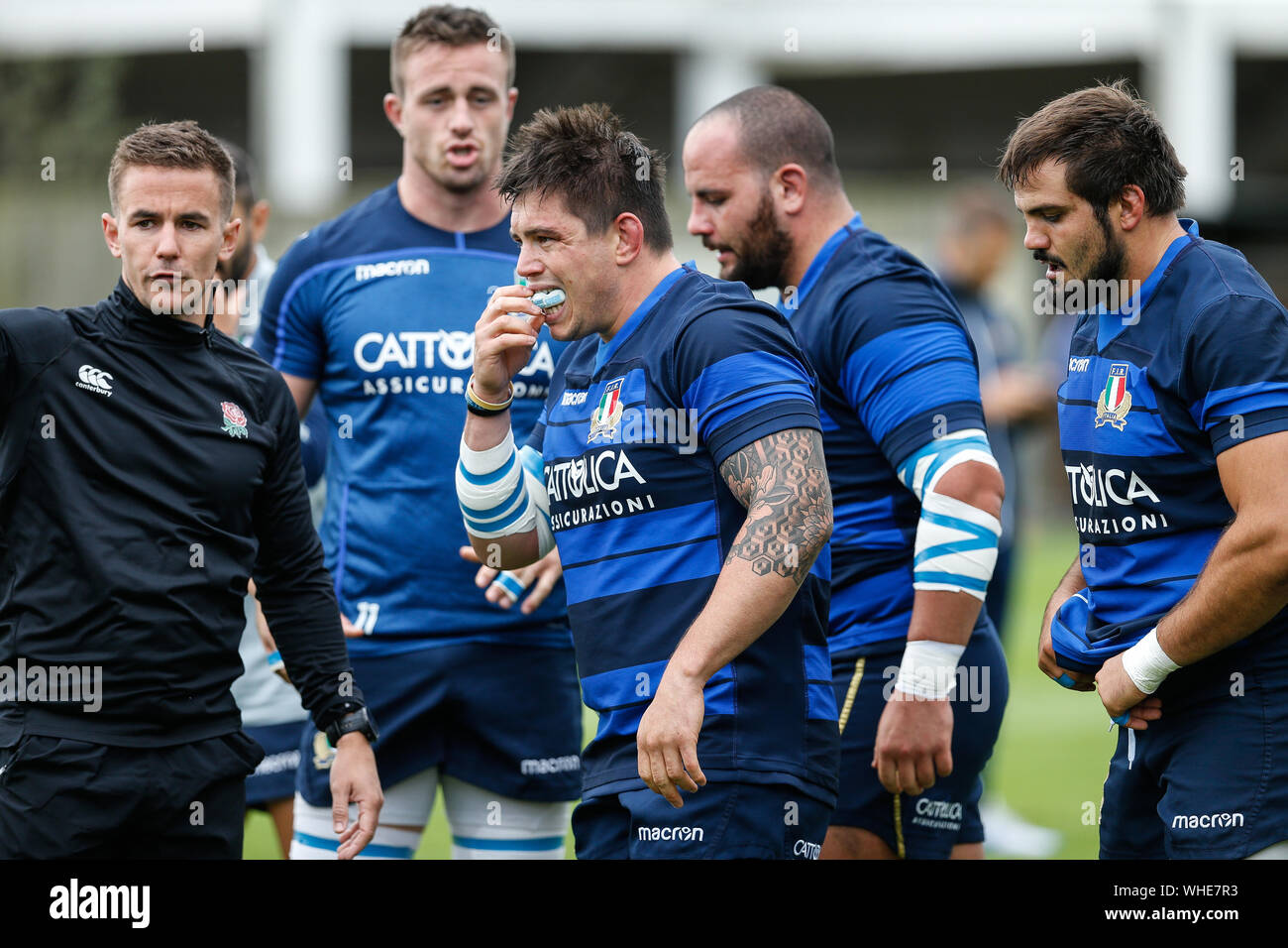 Newcastle, UK. 02nd Sep, 2019. NEWCASTLE UPON TYNE, ENGLAND SEPT 2ND Italian players prepare to pack down against Newcastle Falcons under the instructions of Referee, Luke Pearce during Italy's training session at Kingston Park, Newcastle on Monday 2nd September 2019. (Credit: Chris Lishman | MI News) Credit: MI News & Sport /Alamy Live News Stock Photo