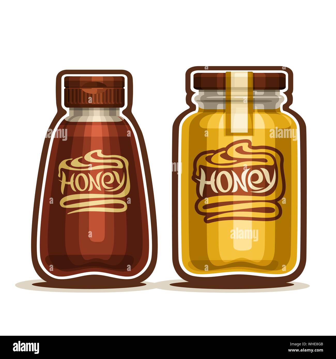 Vector jars for wild flower chamomile yellow Honey with label and pot with sweet dark buckwheat raw honey nectar with plastic cap, bottles of liquid h Stock Vector