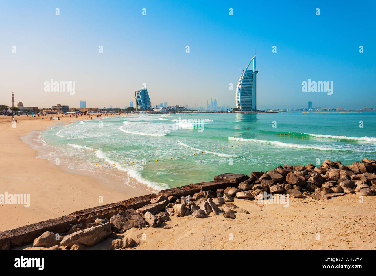 Burj Al Arab luxury hotel and Jumeirah public beach in Dubai city in UAE Stock Photo