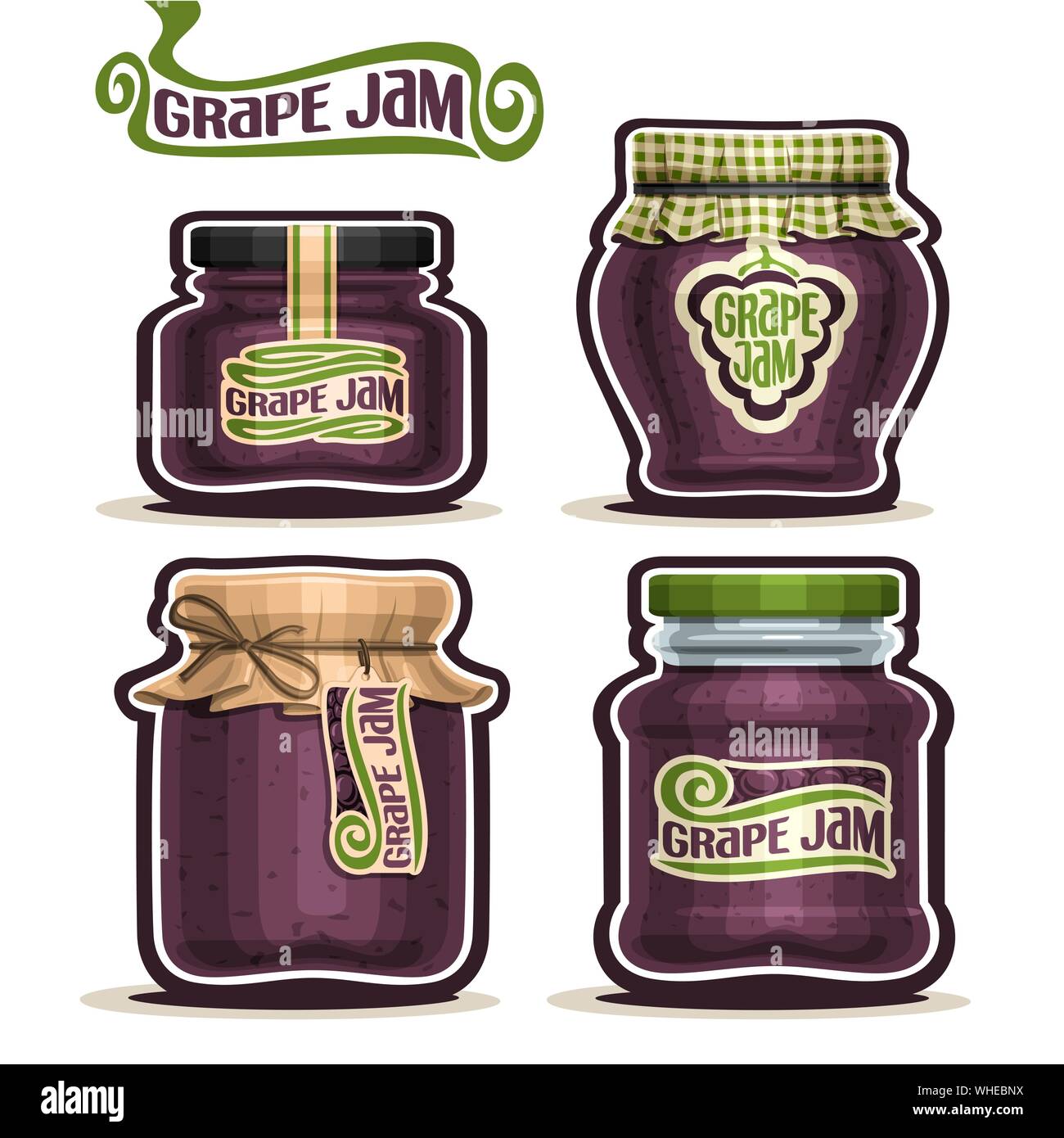 Vector set of Grape Jam in glass Jars with paper cover lid, isolated on