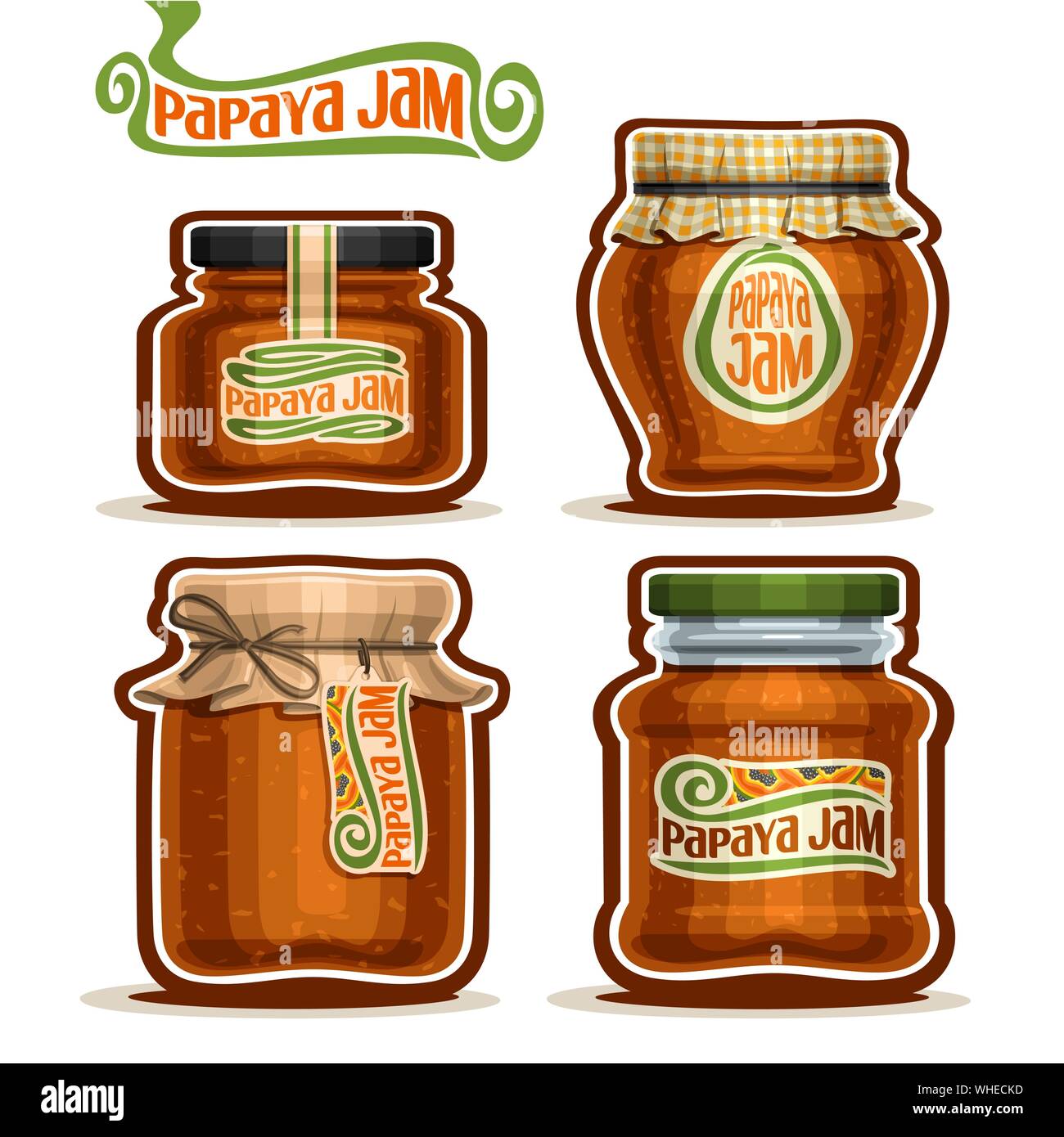 Vector set of Papaya Jam in glass Jars with paper cover lid, isolated