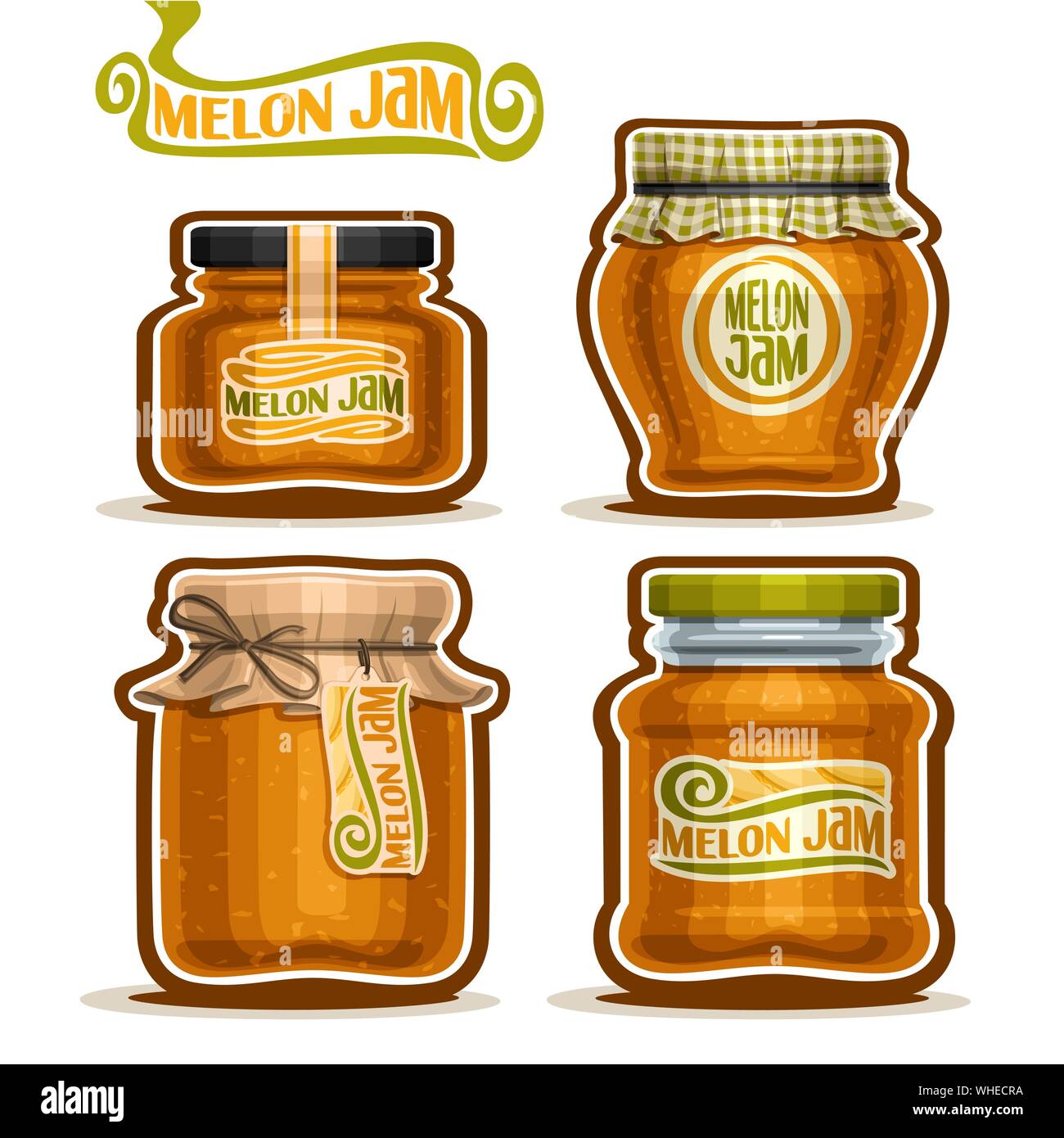 Vector set of Melon Jam in glass Jars with paper cover lid, isolated on white Stock Vector