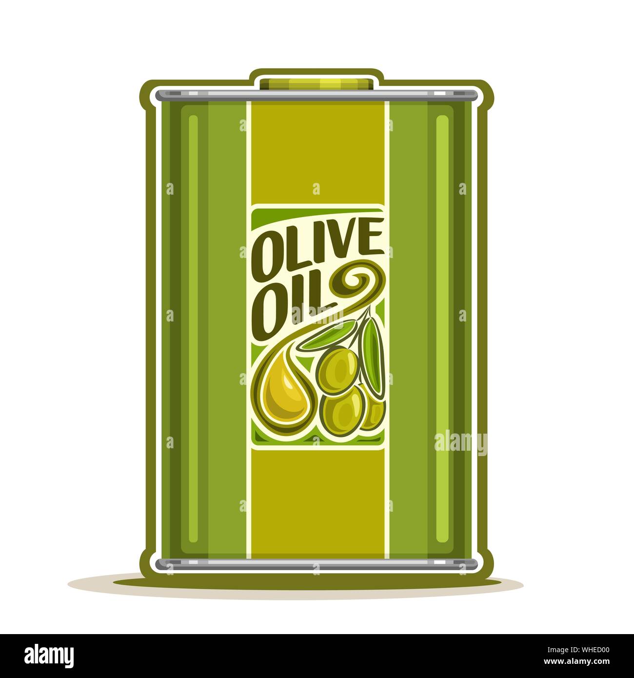 Vector green metal Bottle with pure Olive Oil, tin canister of virgin