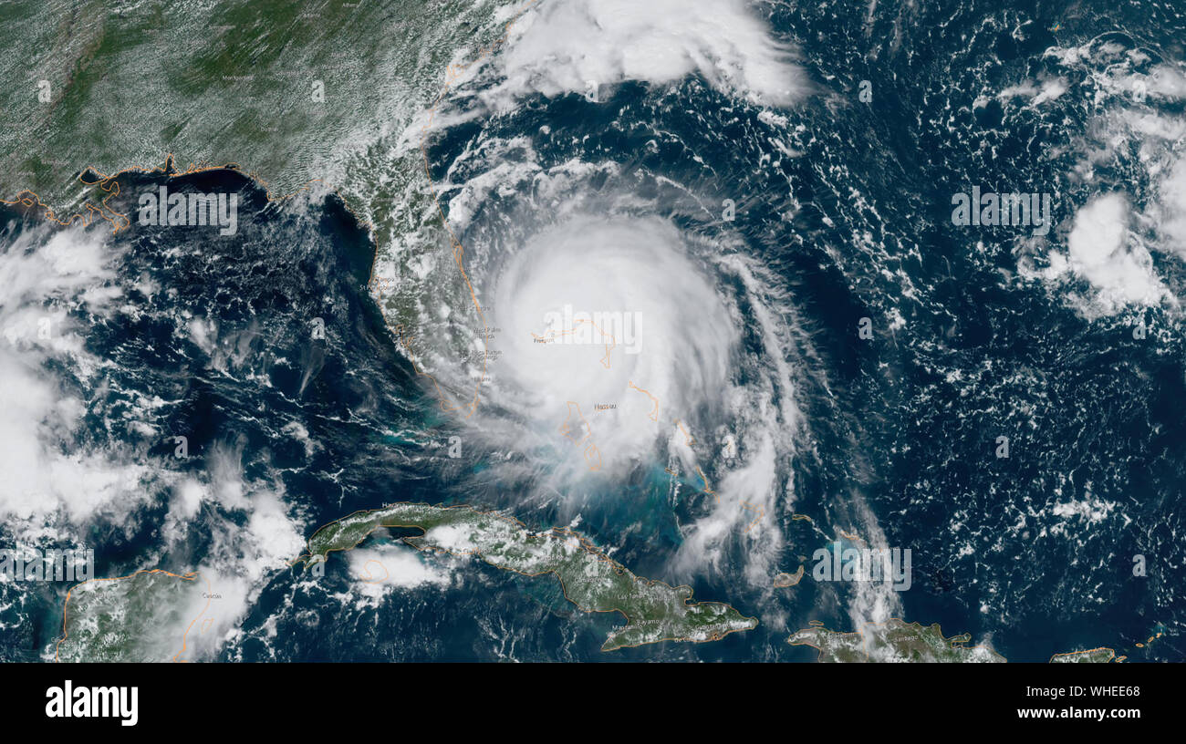 NOAA satellite view of Hurricane Dorian striking the Bahama Islands on September 2, 2019. Stock Photo