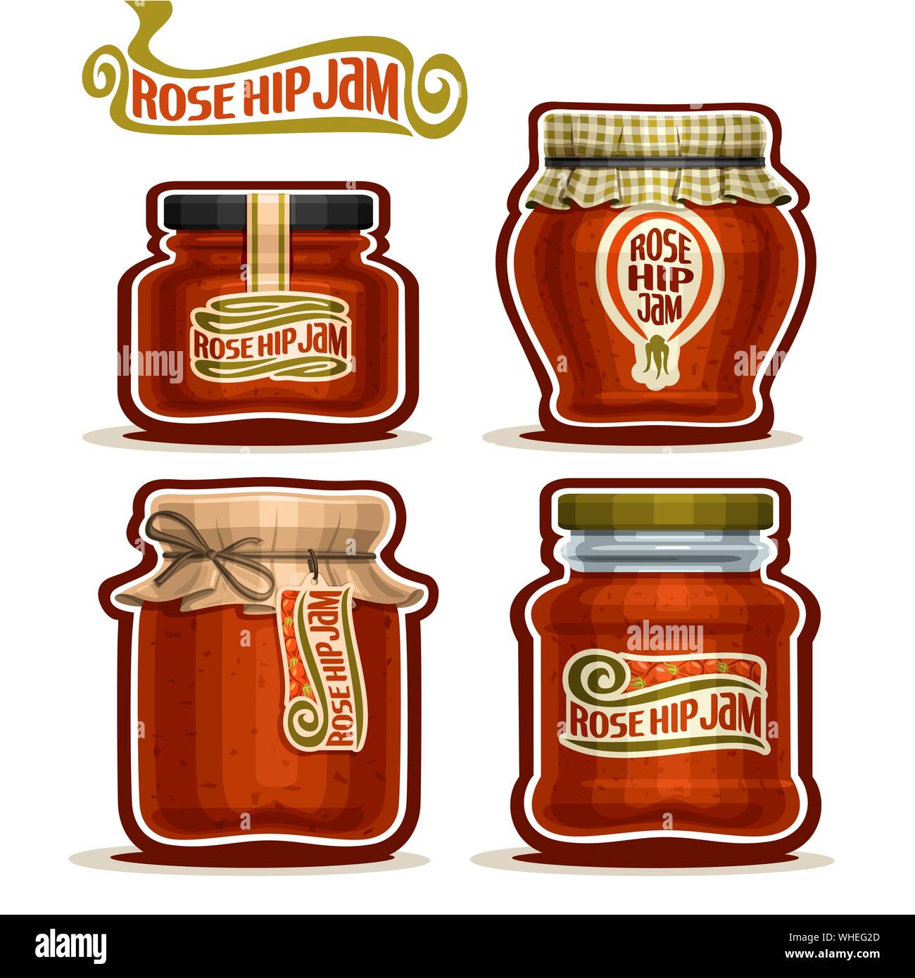 Vector set of Rose Hip Jam in Jars with paper lid, isolated on white