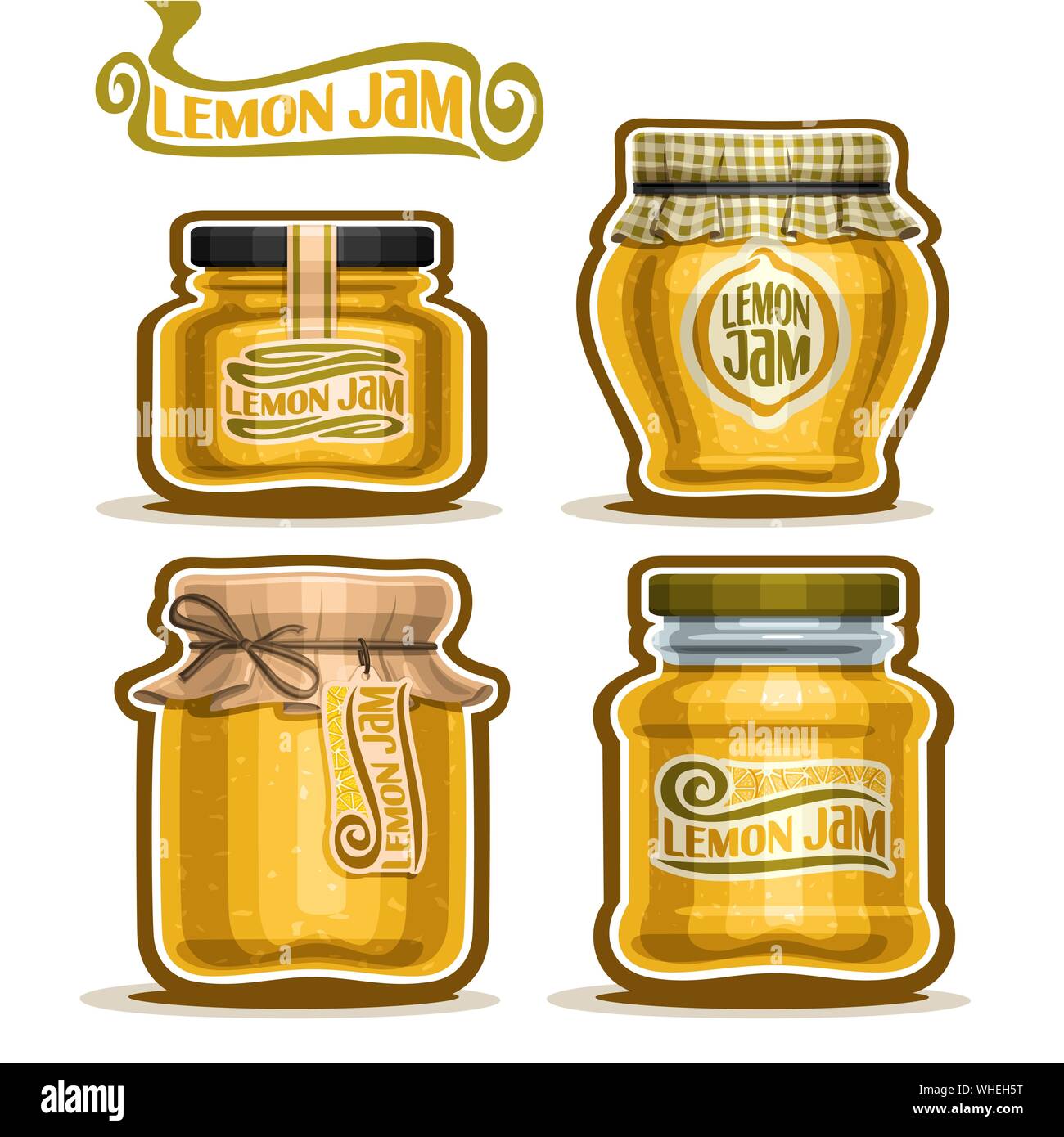 Vector set of Lemon Jam in glass Jars with paper lid, yellow rustic Pot home made lemon jams, twine rope bow, homemade fruit jam jar, citron jelly pot Stock Vector
