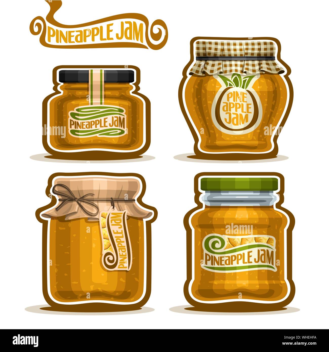Vector set of Pineapple Jam in glass Jars with paper cover lid, isolated on white Stock Vector