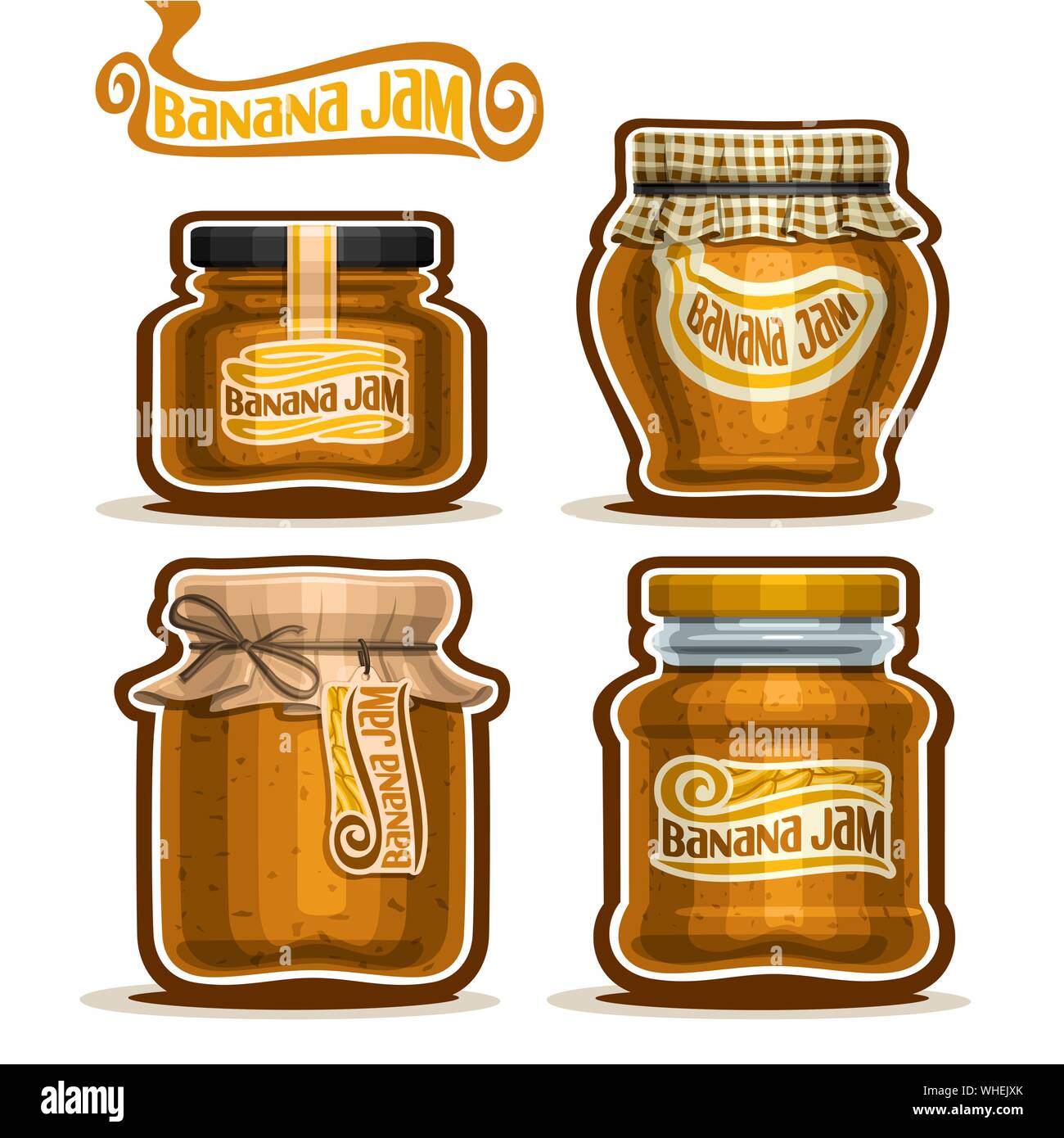 Vector set of Banana Jam in glass Jars with paper cover lid, isolated