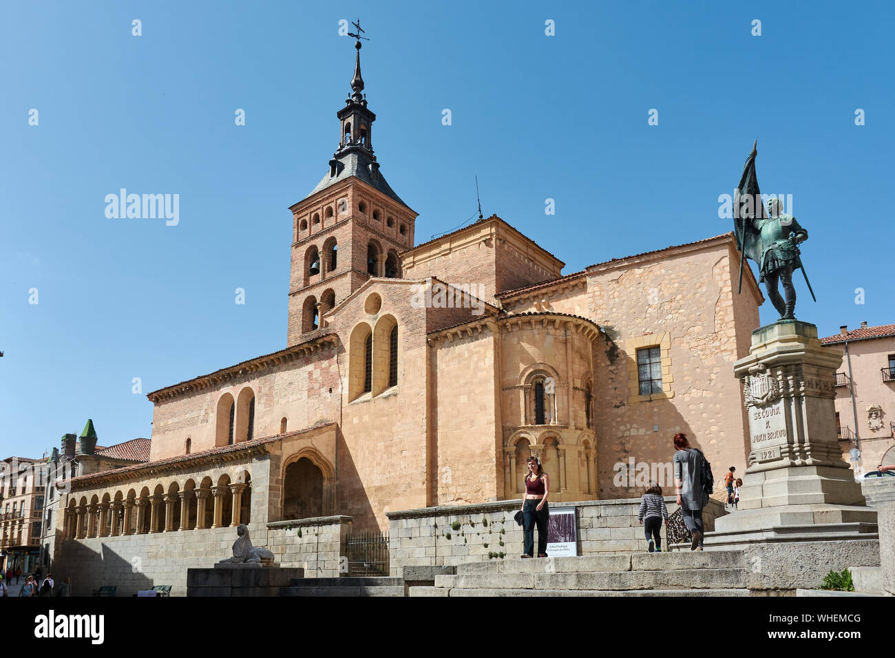 SEGOVIA, SPAIN - APRIL 25, 2018: View of the church of San Martin and the Monument to Juan Bravo in Segovia. Stock Photo