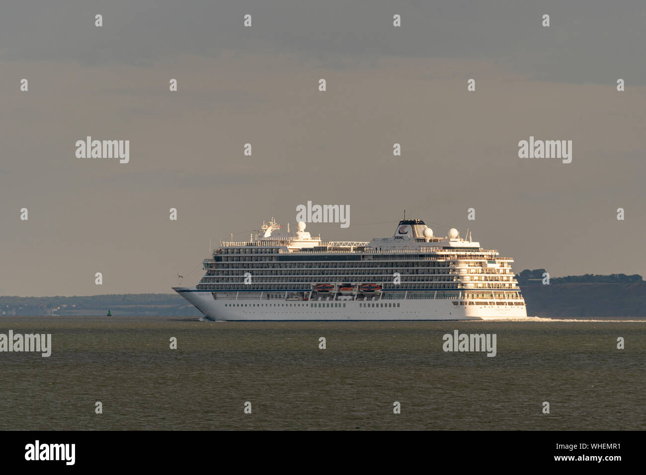 MV Viking Sun cruise ship on River Thames, Thames Estuary, Southend on Sea, Essex, UK operated by Viking Ocean Cruises heading out for record cruise Stock Photo