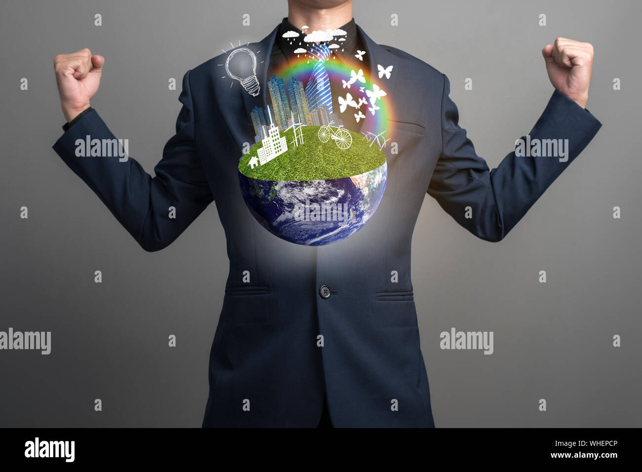 Digital Composite Image Of Businessman Showing Environmental Conservation Against Gray Background Stock Photo