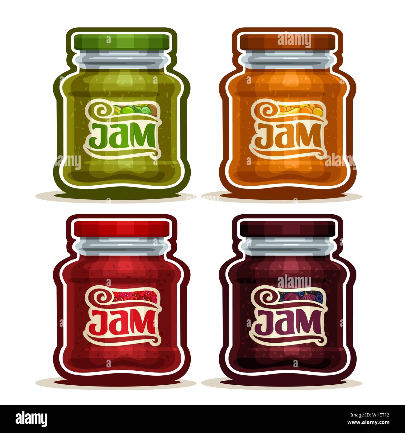 Vector set of Fruit Jam in glass Jars, isolated on white background