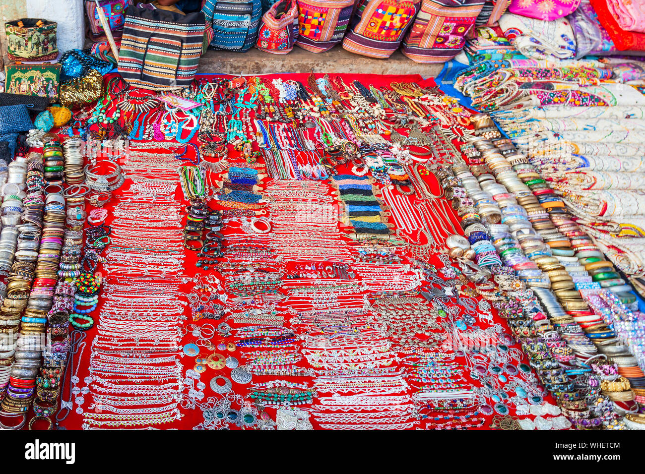 Indian jewellery and fabric at the local market in India Stock Photo