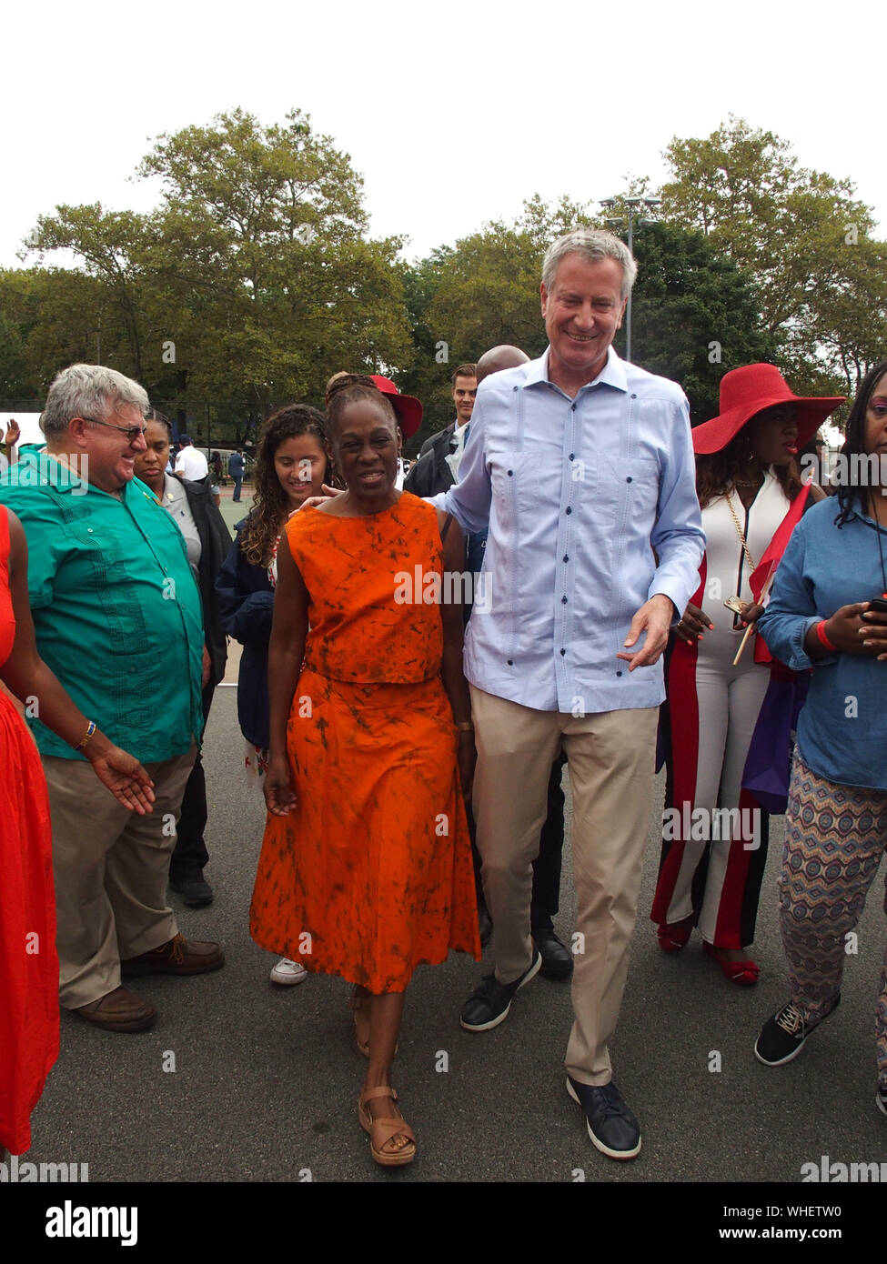 September 2, 2019, New York, New York, USA: West Indian Day Parade and Festival. Politicians and revelers dance and have fun in the rain.New York City Mayor Bill de Blasio and wife Cherlane McCray (Credit Image: © Bruce Cotler/Globe Photos via ZUMA Wire) Stock Photo