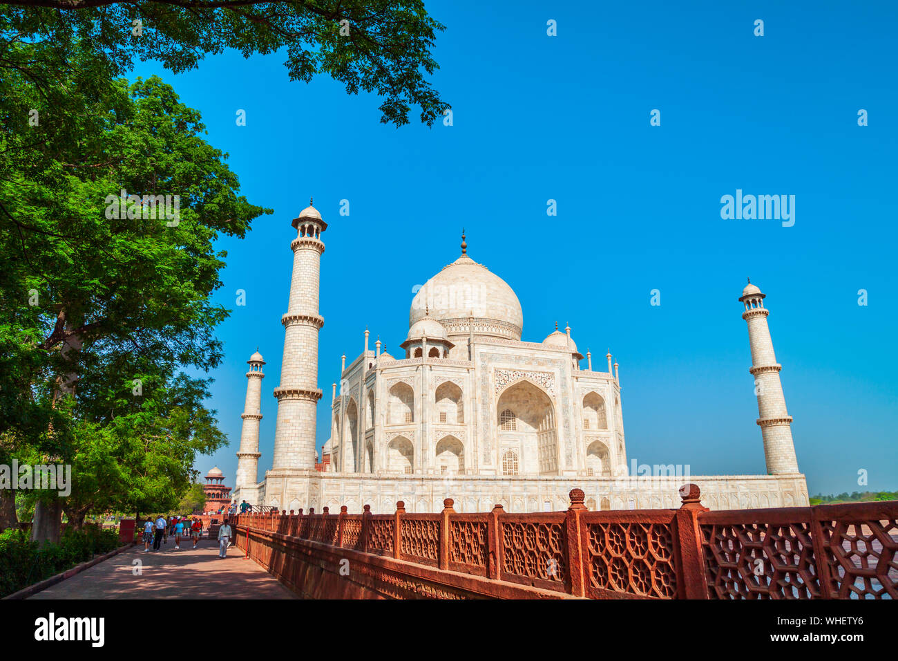 Taj Mahal is a white marble mausoleum on the bank of the Yamuna river ...