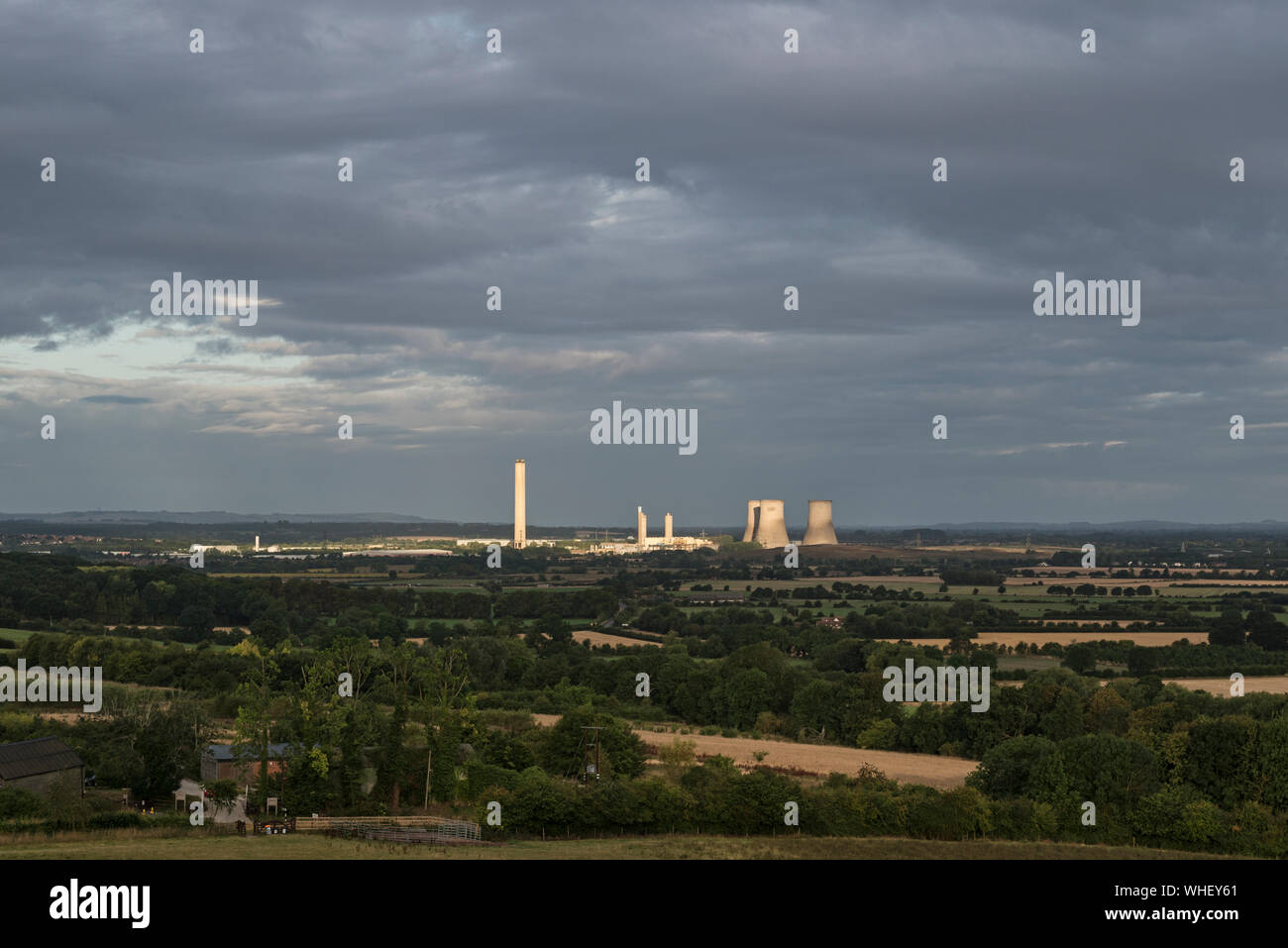 Didcot A Power Station, minutes before the last three cooling towers were demolished on the 18th August 2019 (viewed from Wittenham Clumps) Stock Photo