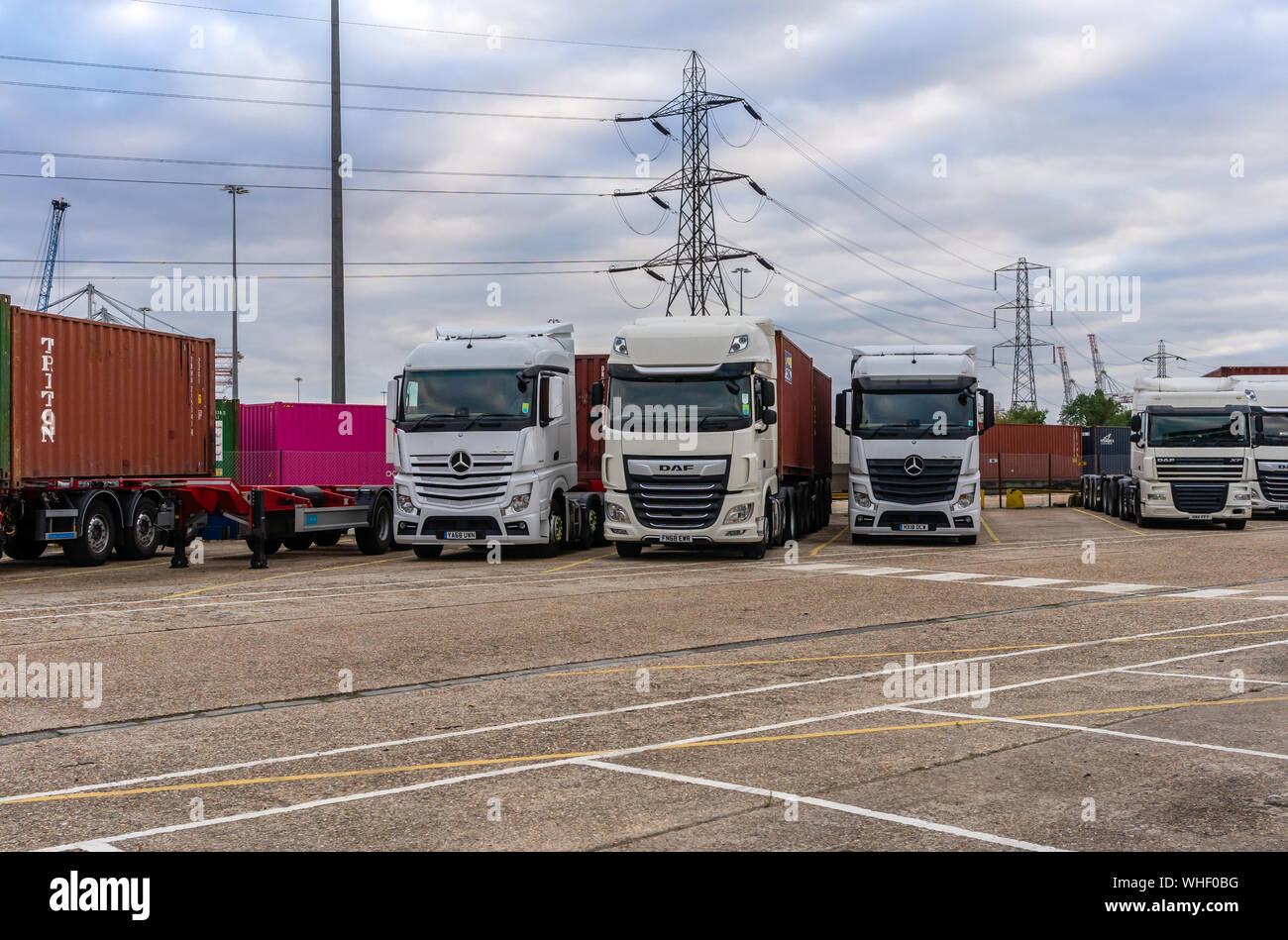 Lorries lined up at the Port of Southampton, Hampshire, England, UK Stock Photo