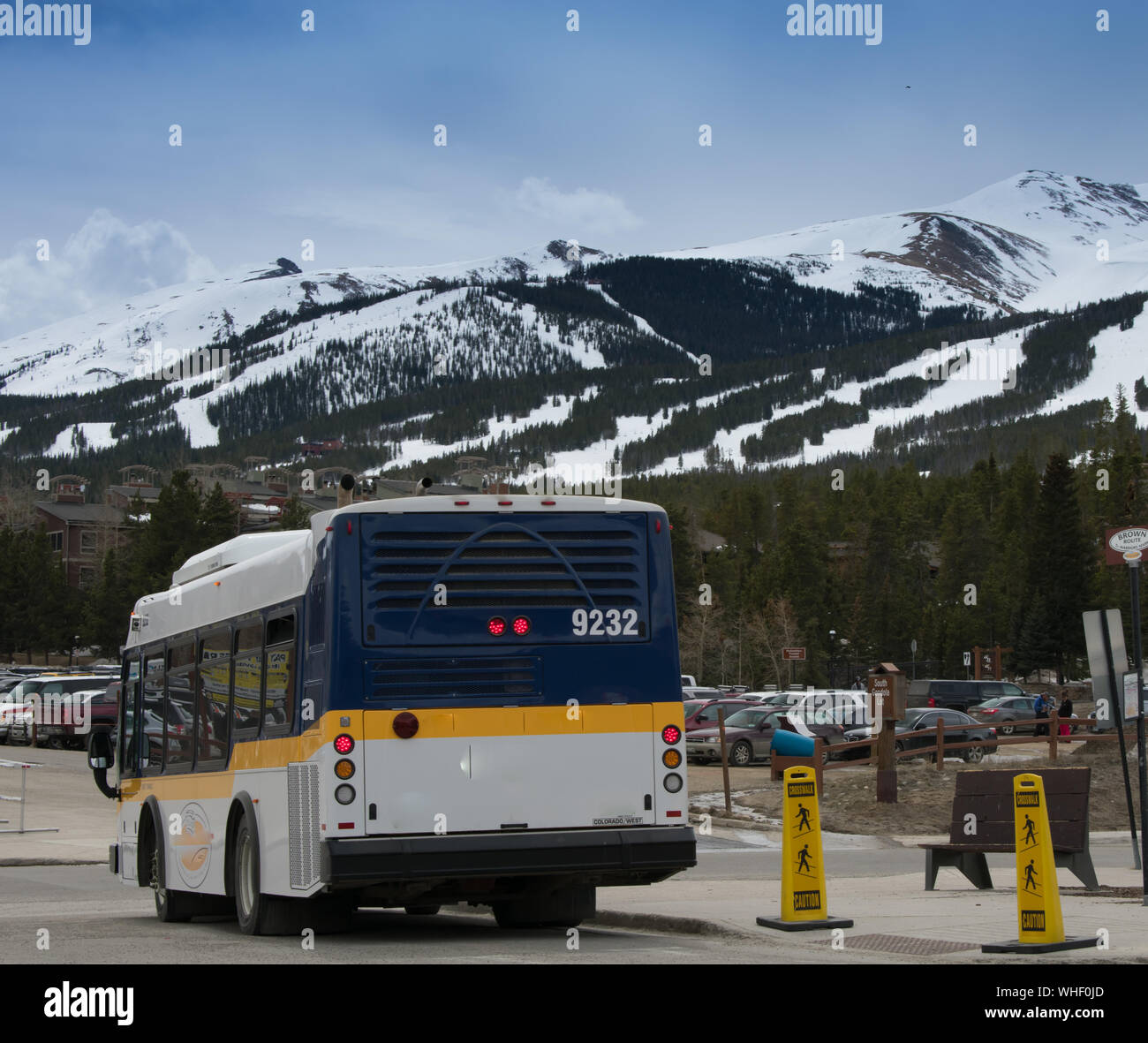 Ski Bus Dropping Off Skiers at Vail Resorts Colorado Stock Photo