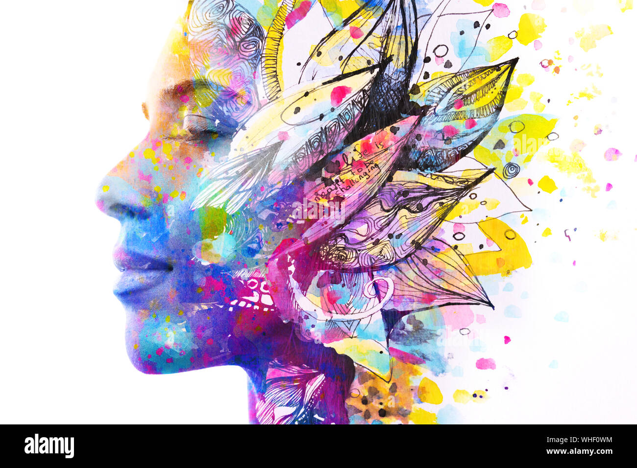 Paintography. Double exposure of woman's profile dissolving into bright colorful leaf drawings with hidden message about life Stock Photo