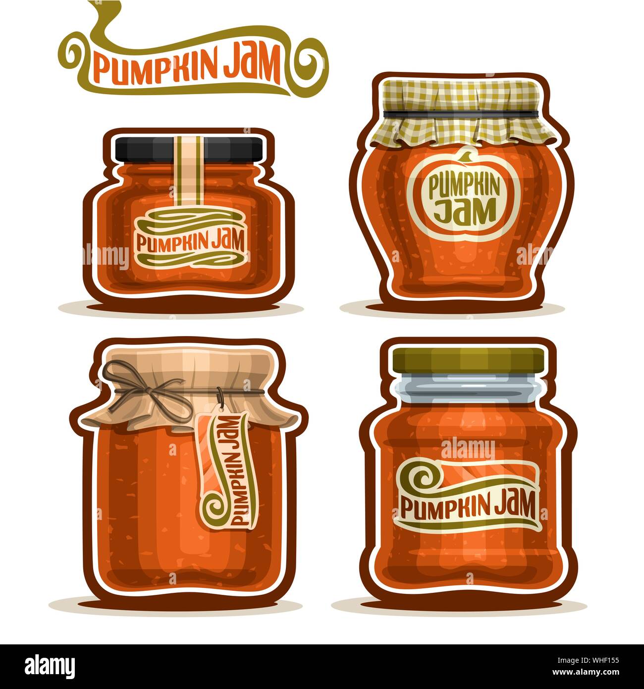 Vector set of Pumpkin Jam in Jars with checkered paper lid, isolated on