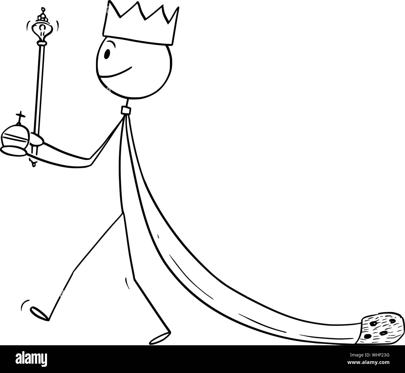 Vector cartoon stick figure drawing conceptual illustration of fantasy or medieval king walking in robe. Stock Vector