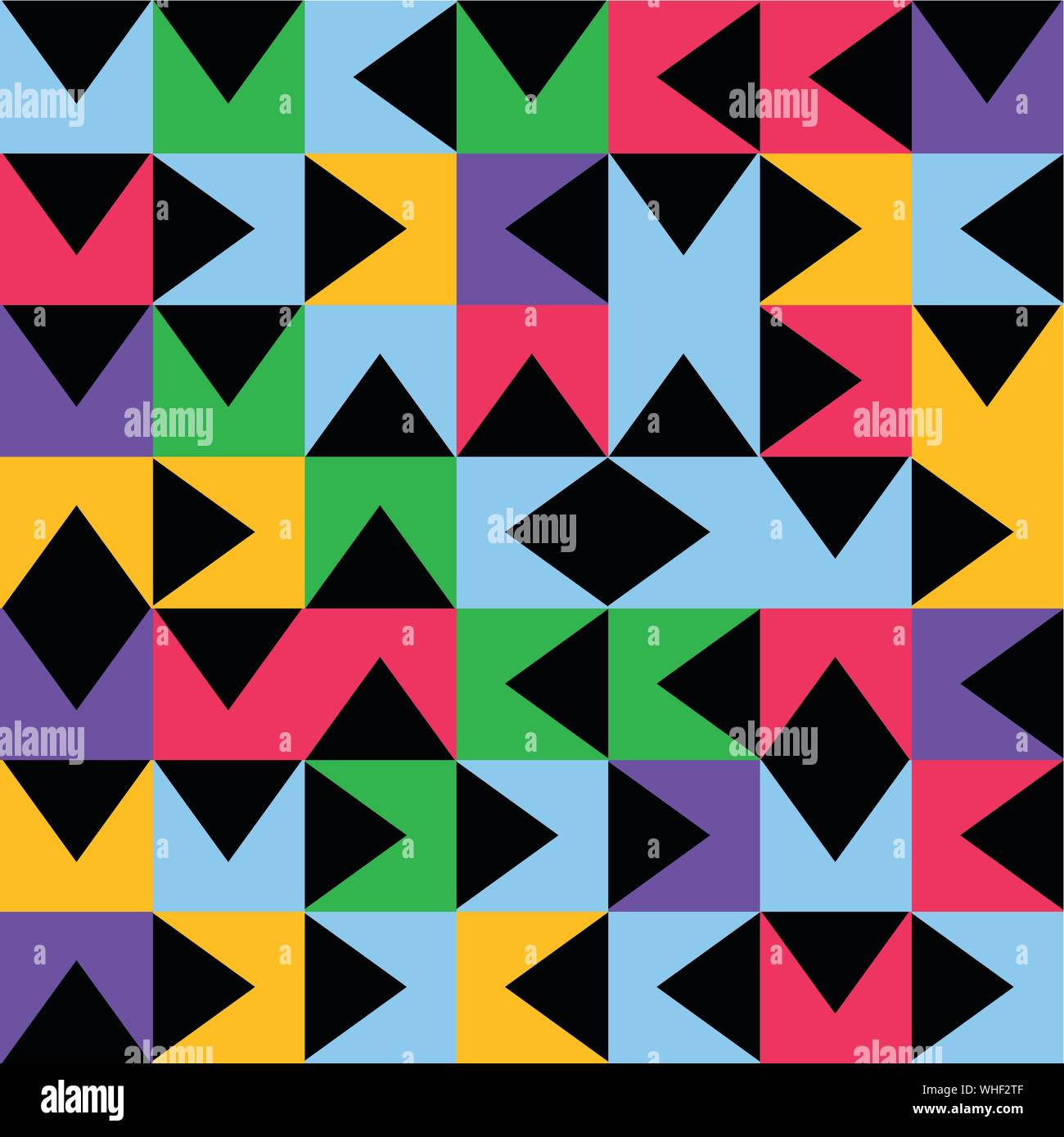 Multicolored geometric truchet pattern background with black triangles. Stock Vector