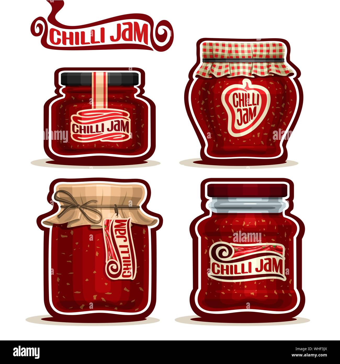 Vector set of Chilli Jam in Jars with paper lid, isolated on white. Stock Vector