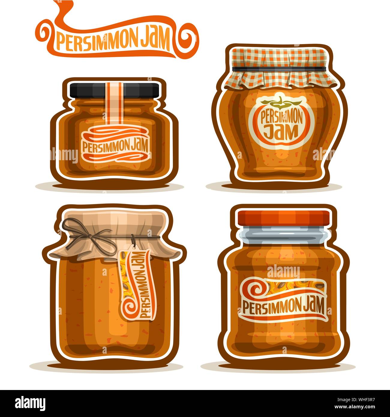 Vector set of Persimmon Jam in Jars with paper cover lid, isolated on white. Stock Vector
