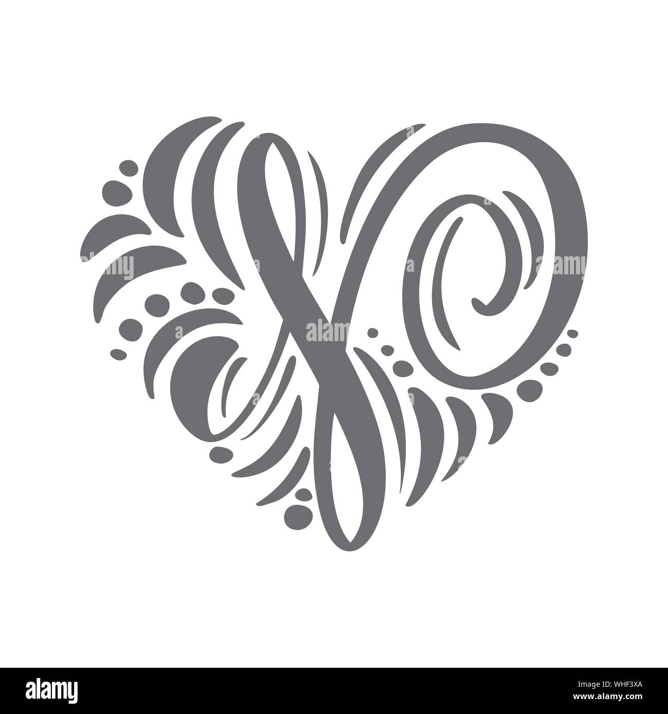 Heart love vector Hand Drawn calligraphic scandinavian floral N logo. Uppercase Hand Lettering Letter H with curl. Wedding Floral Design Stock Vector