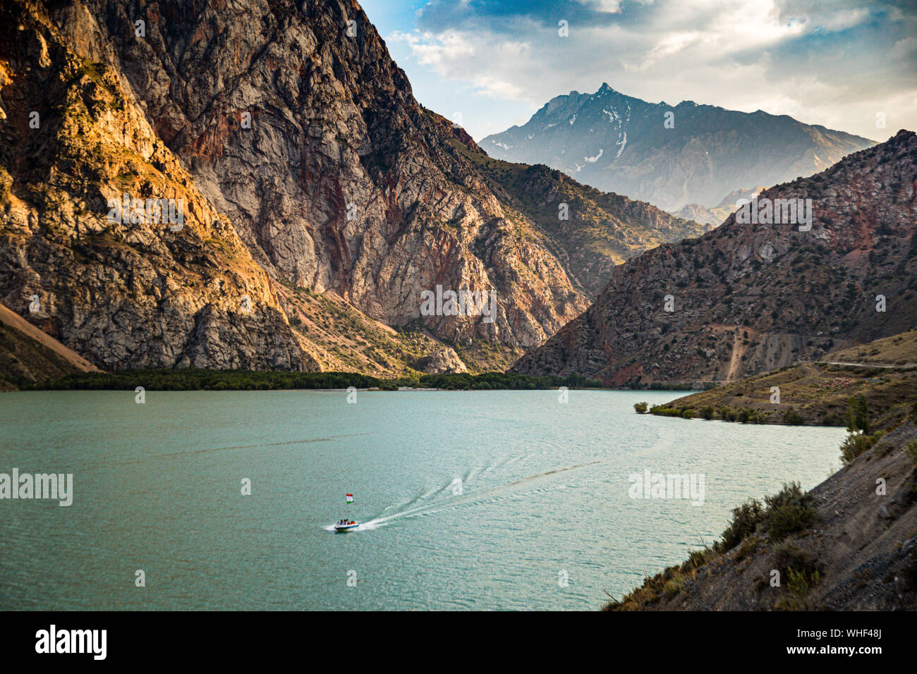 Iskanderkul Lake, formed by a landslide, is located not far from the Tajik capital Dushanbe, Tadjikistan Stock Photo