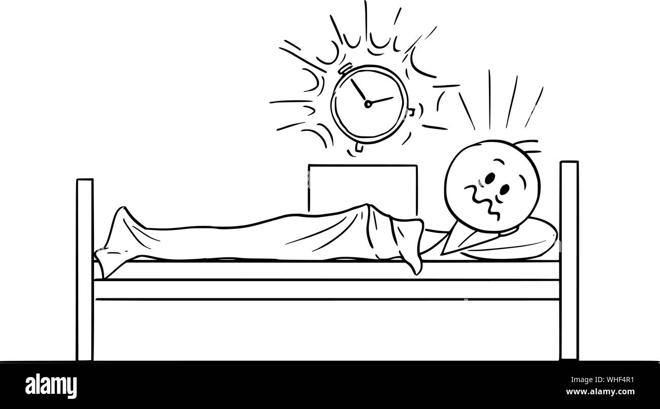 Vector cartoon stick figure drawing conceptual illustration of tired man lying in bed and woken by ringing alarm clock in the early morning. Stock Vector