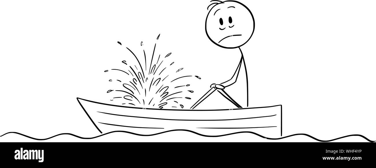 Vector cartoon stick figure drawing conceptual illustration of frustrated man or businessman sitting in rowing boat and watching the water squirting inside with resignation. Boat is sinking. Stock Vector