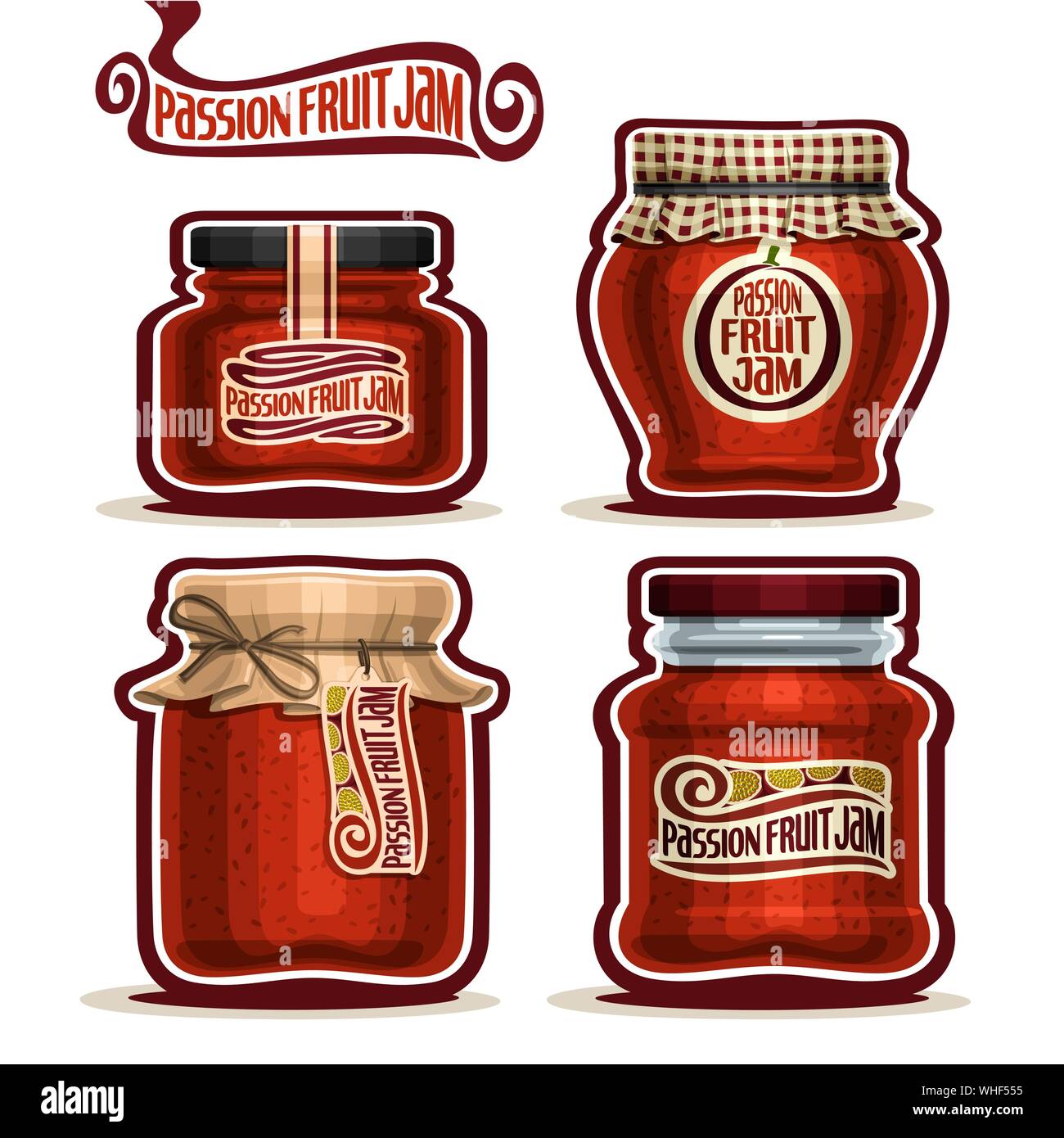 Vector set of Passion Fruit Jam in Jars with paper cover lid, isolated