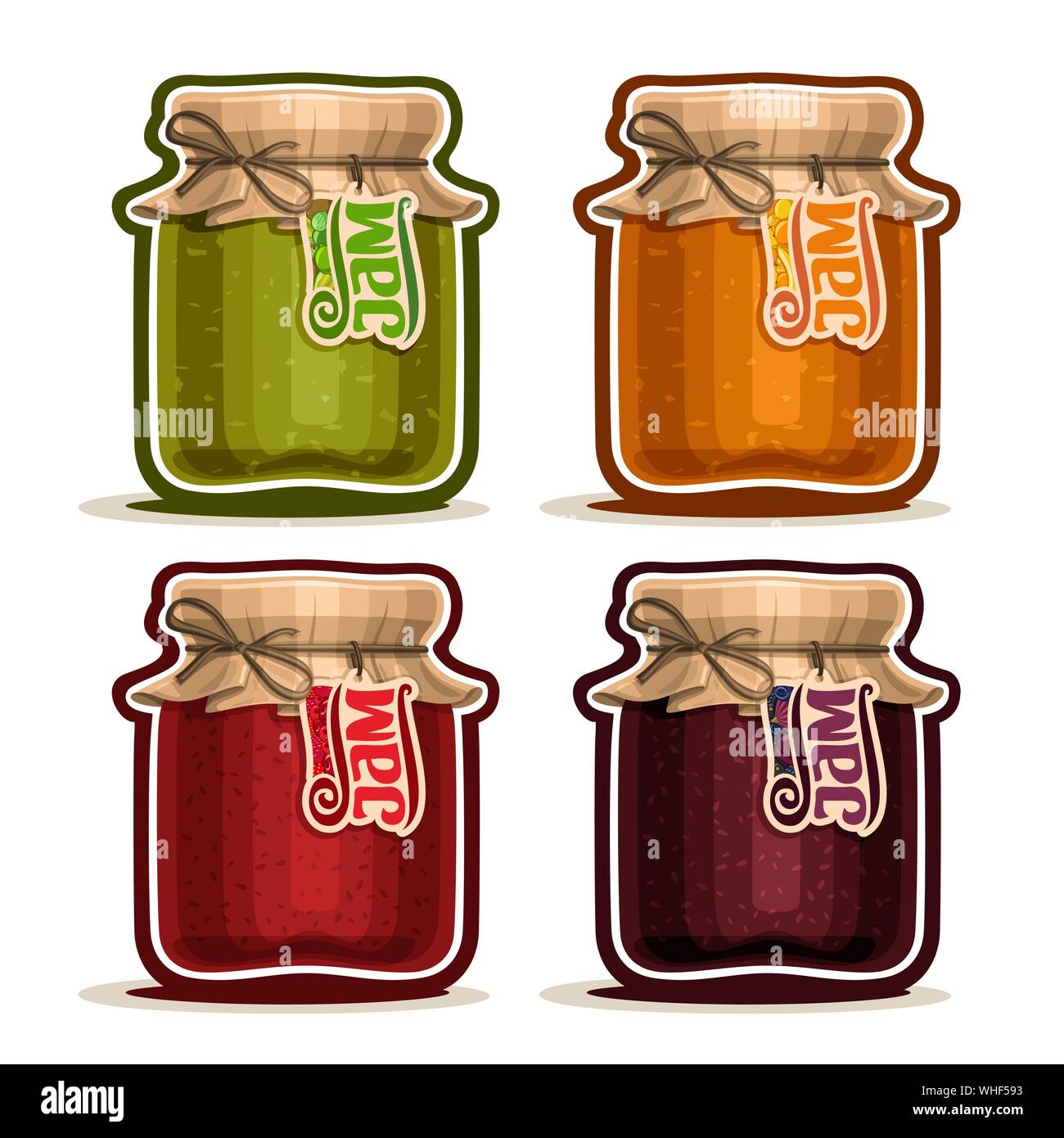 Vector set of Fruit Jam in glass Jar with paper cover lid tied twine bow, isolated on white. Stock Vector