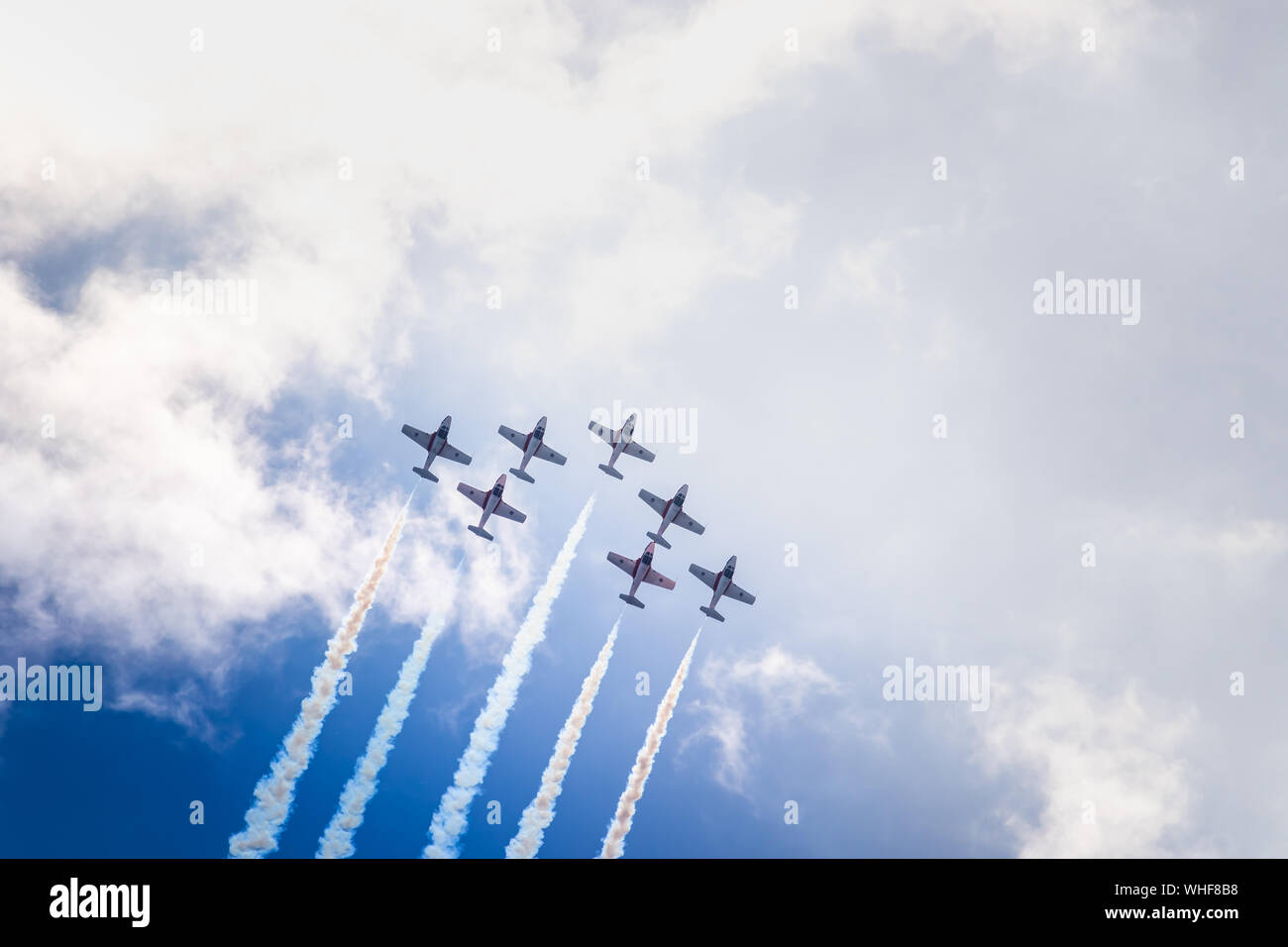 Royal Canadian Air Force Snowbirds flying in formation at the Canadian National Exhibition air show. Stock Photo