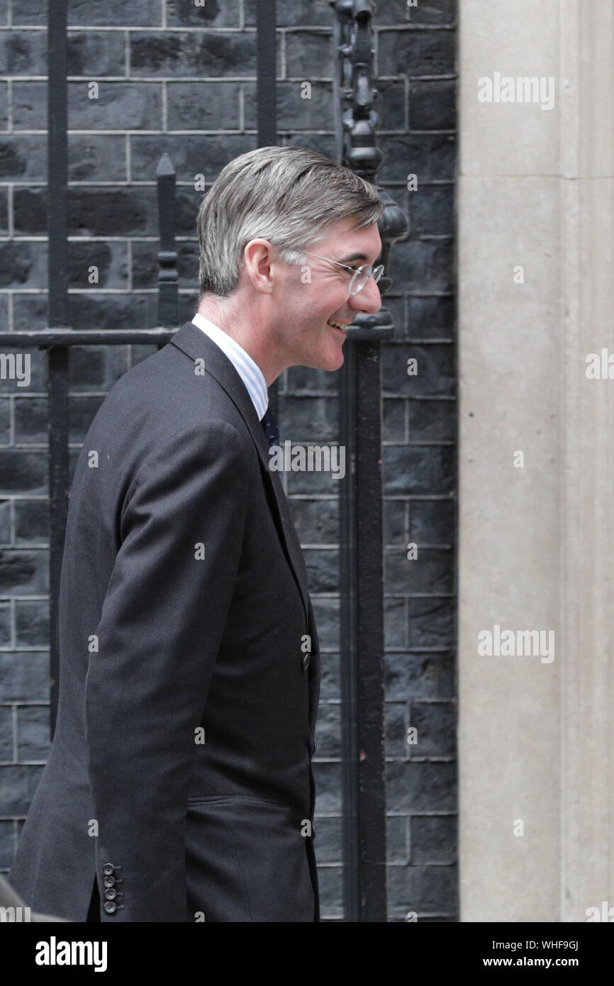 London, UK, 2nd Sep 2019. Jacob Rees Mogg, MP, Leader of the House of Commons. Cabinet Ministers, as well as many Conservative Party MPs and former politicians all enter No 10 Downing Street for an Emergency Cabinet Meeting, and later general Conservative Party gathering. Credit: Imageplotter/Alamy Live News Stock Photo